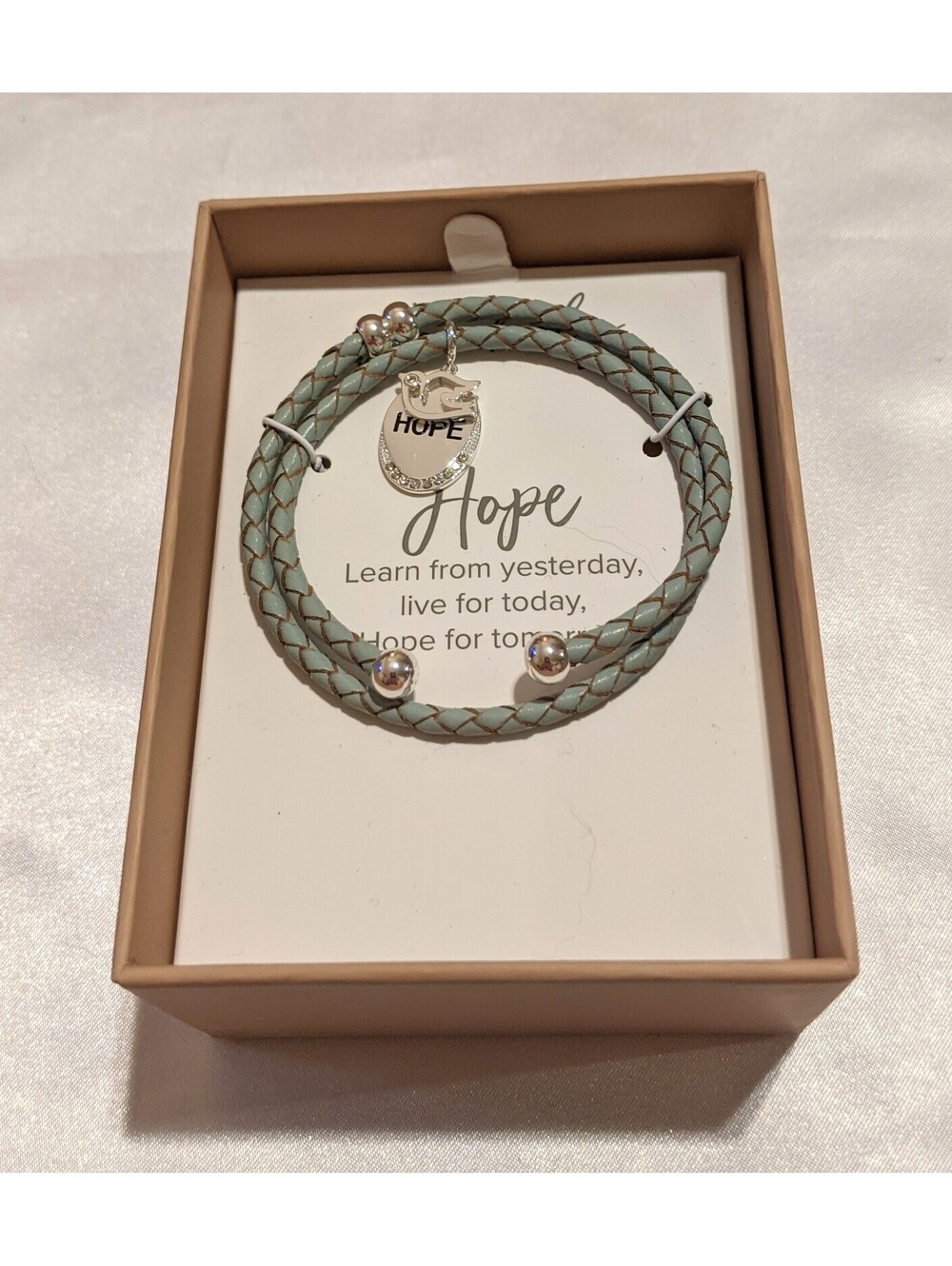 Wonderly HOPE Silver Tone Leather Wrap Charm Bracelet Dove Charm Crystals NIB